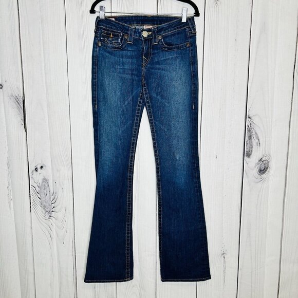 True Religion Becky Bootcut Jeans Size 28x33 Flap Pocket Rhinestone Buttons - Picture 1 of 12